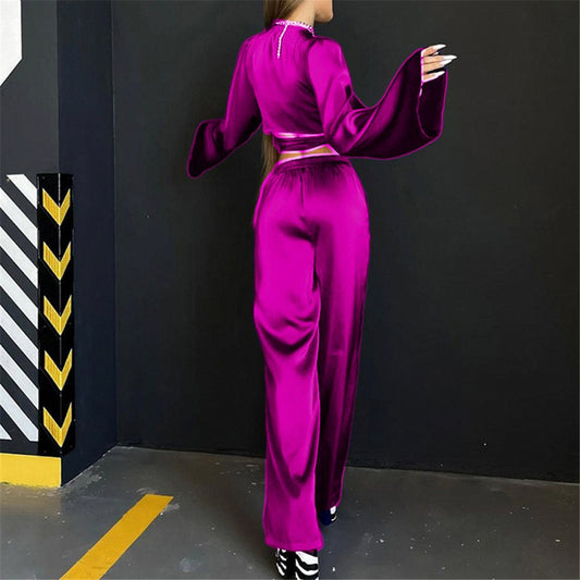 V-neck Satin Two Piece Cross Lace Up Cropped Long Sleeve Tops & Wide Leg Pants Suit