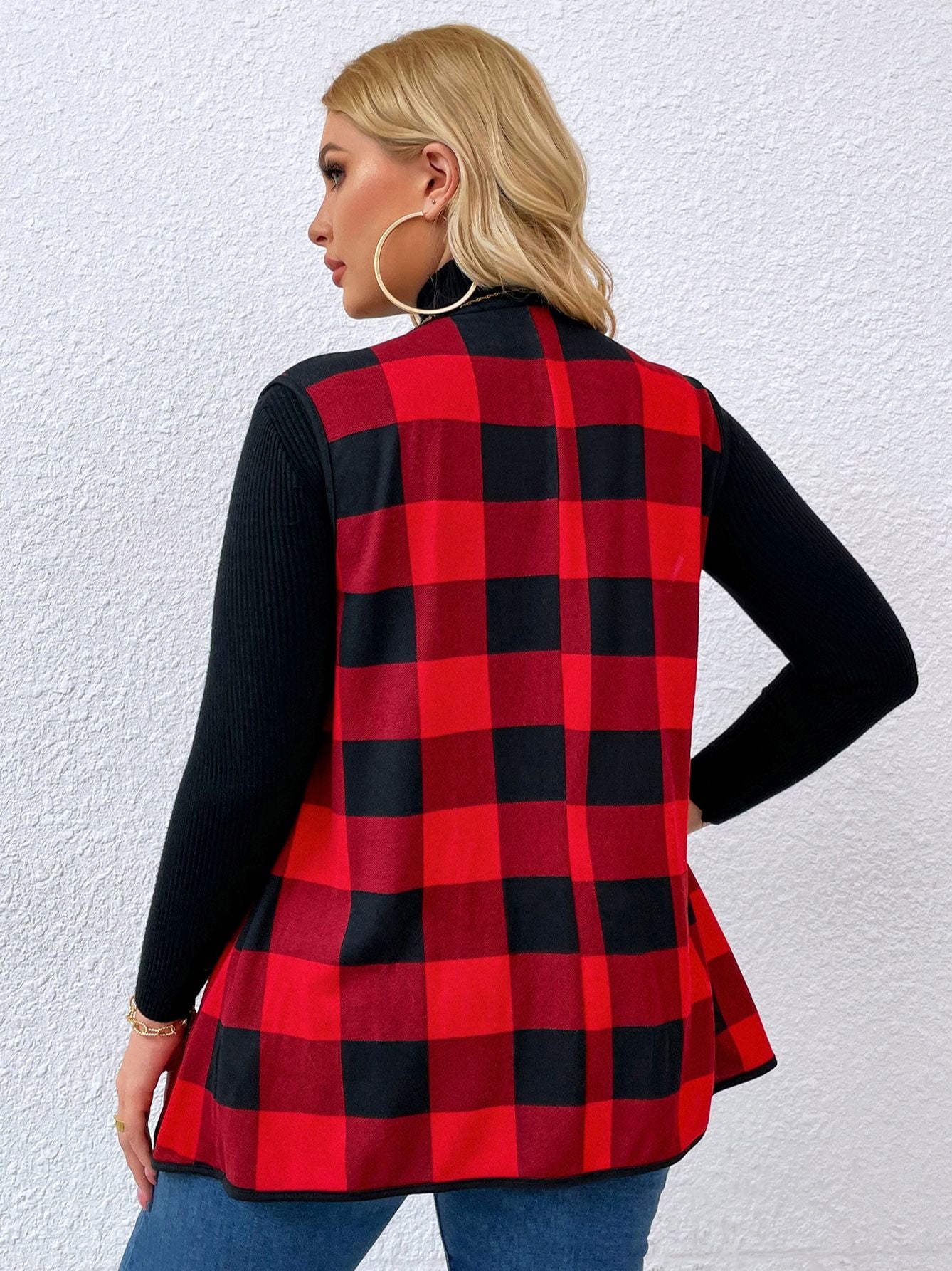 Plaid Midi Sleeveless Turn-down Collar Jacket