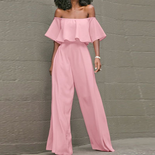 Off-Shoulder Waisted Layered Ruffled Long Romper