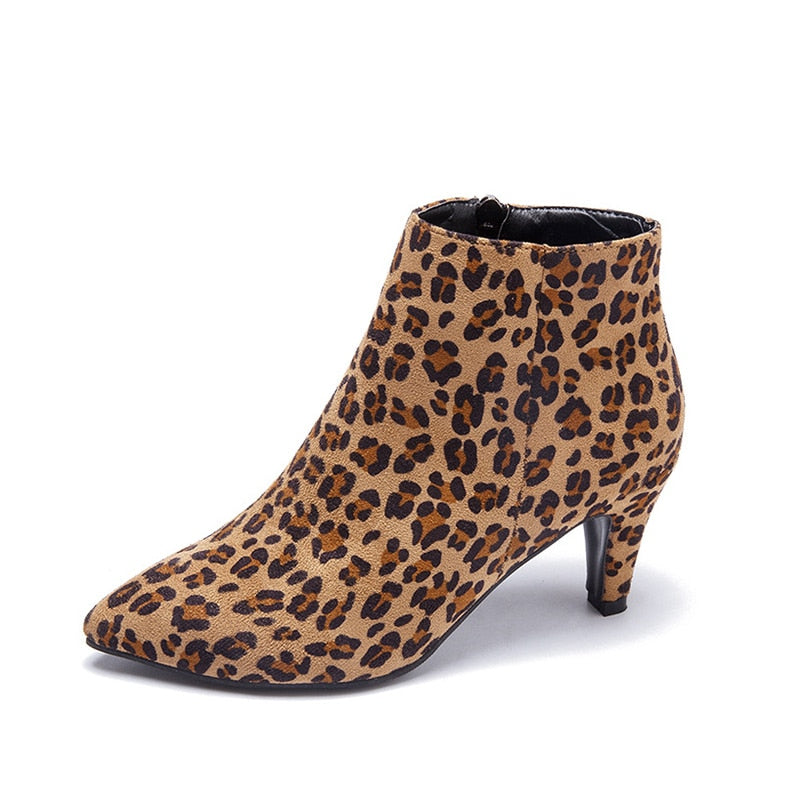 Leopard Zip Pointed Toe Ankle Boots