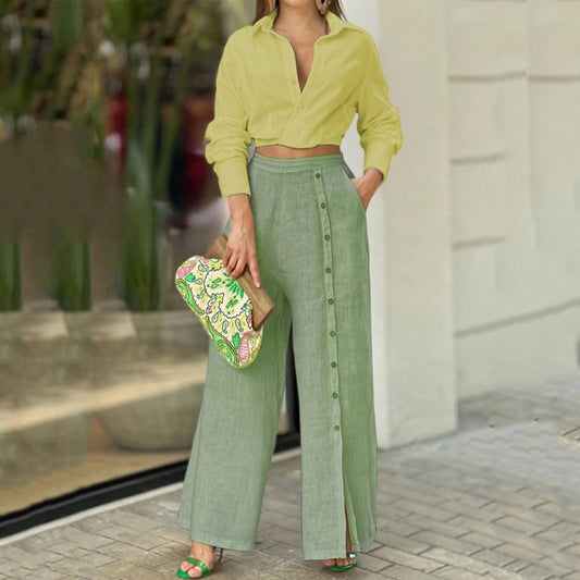 Two Piece Long Sleeve Nipped Waist Top & Loose Wide Legs Pants Sets