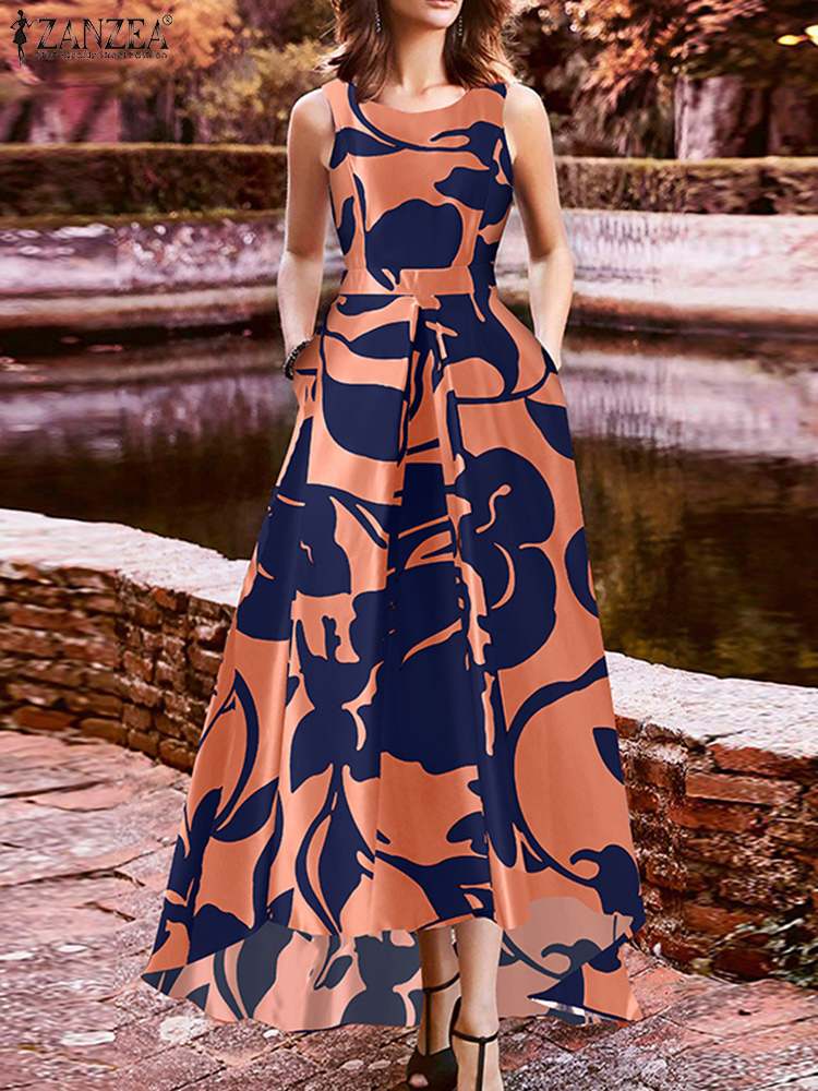 Asymmetrical Hem Bohemian Floral Sleeveless Printed Dress