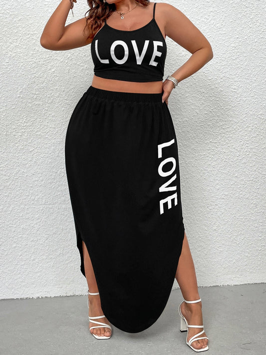 Two-Piece Sleeveless Black Love Letter Print Elastic Waist Vintage Skirt Set