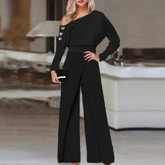 Elegant Striped Sequin Slash Neck Long Sleeve Wide Leg Rompers