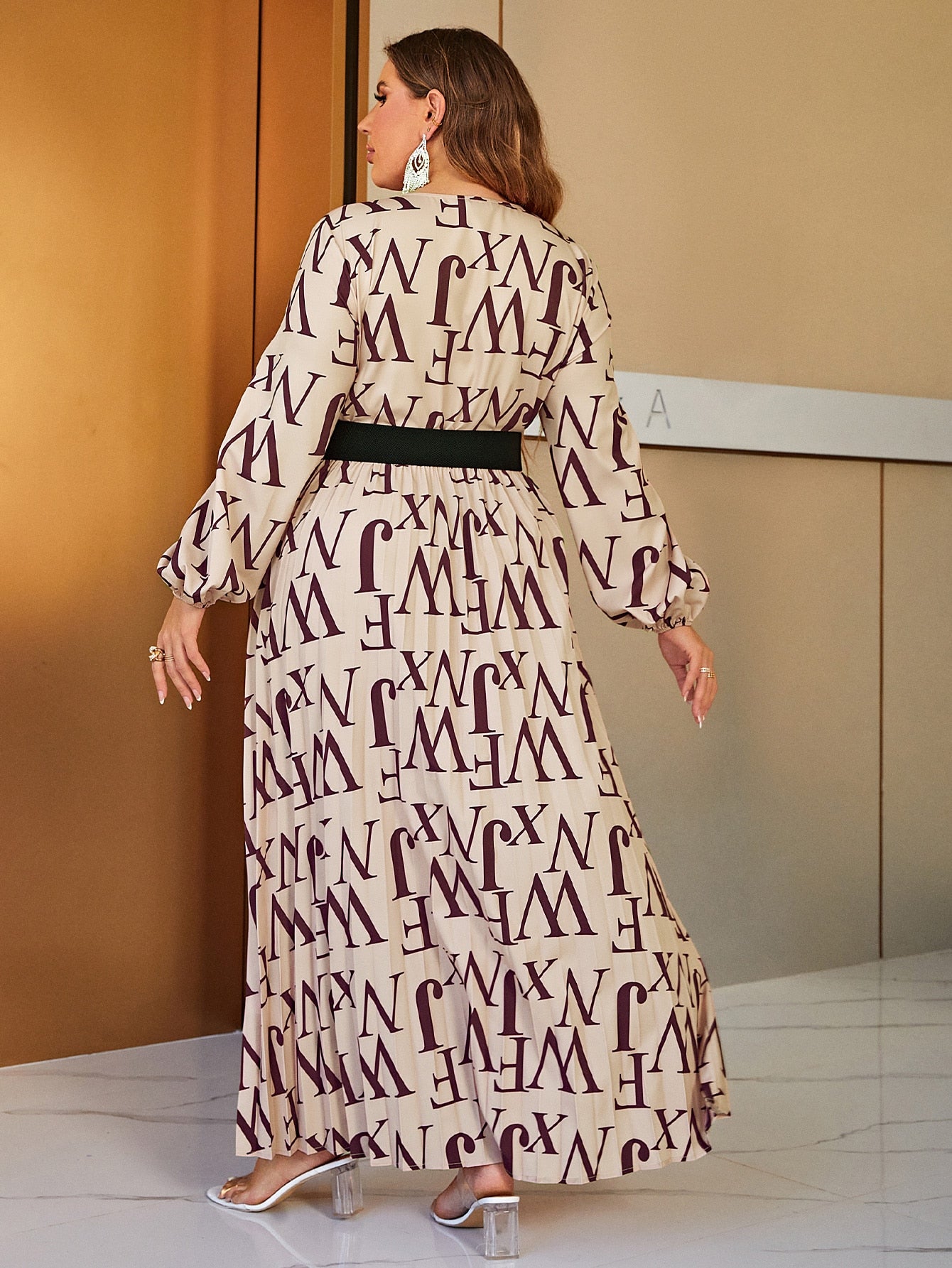 V-neck Khaki Long Letter Print Dress