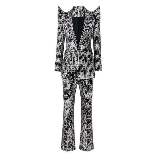 Geometric Pattern One Button Straight Pants Blazer Set