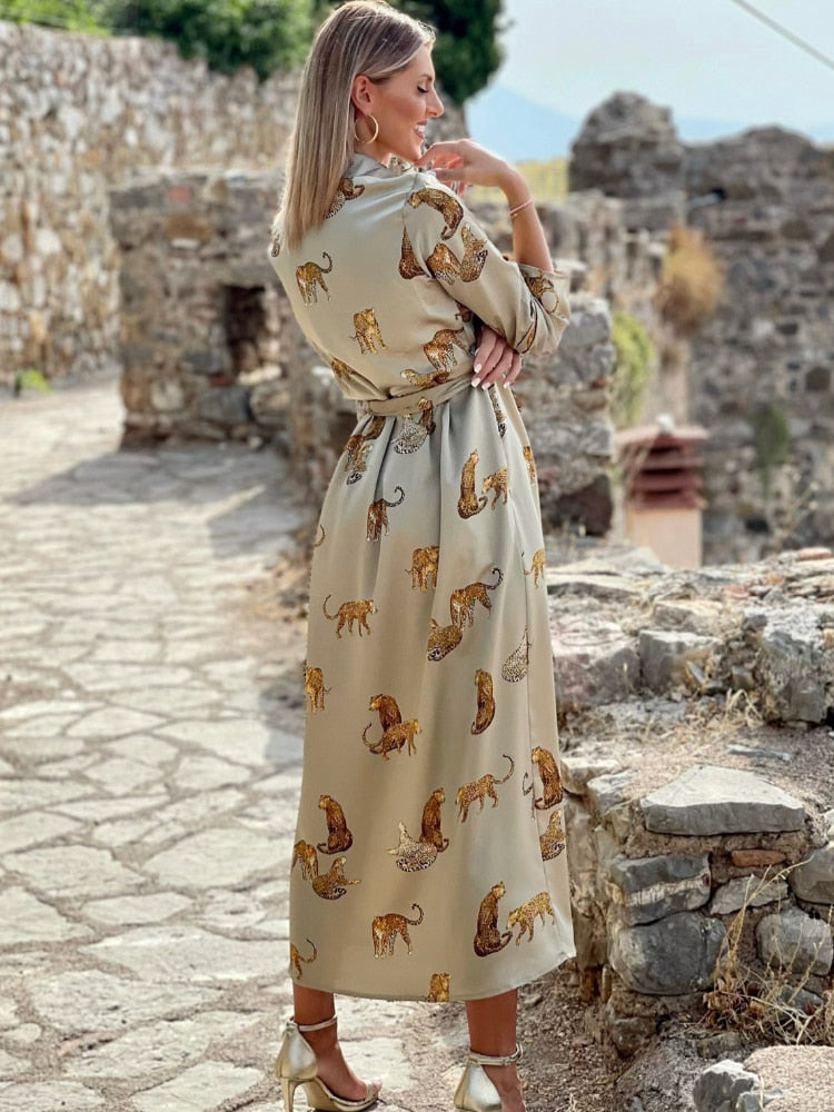 Printed Leopard Elegant V-neck Long Sleeve Swing Dress
