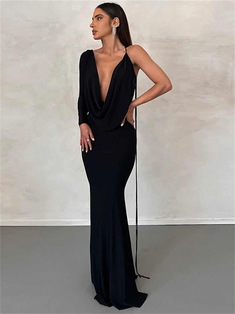 Lace Up One Shoulder Long Sleeve V-Neck Bodycon Maxi Dress