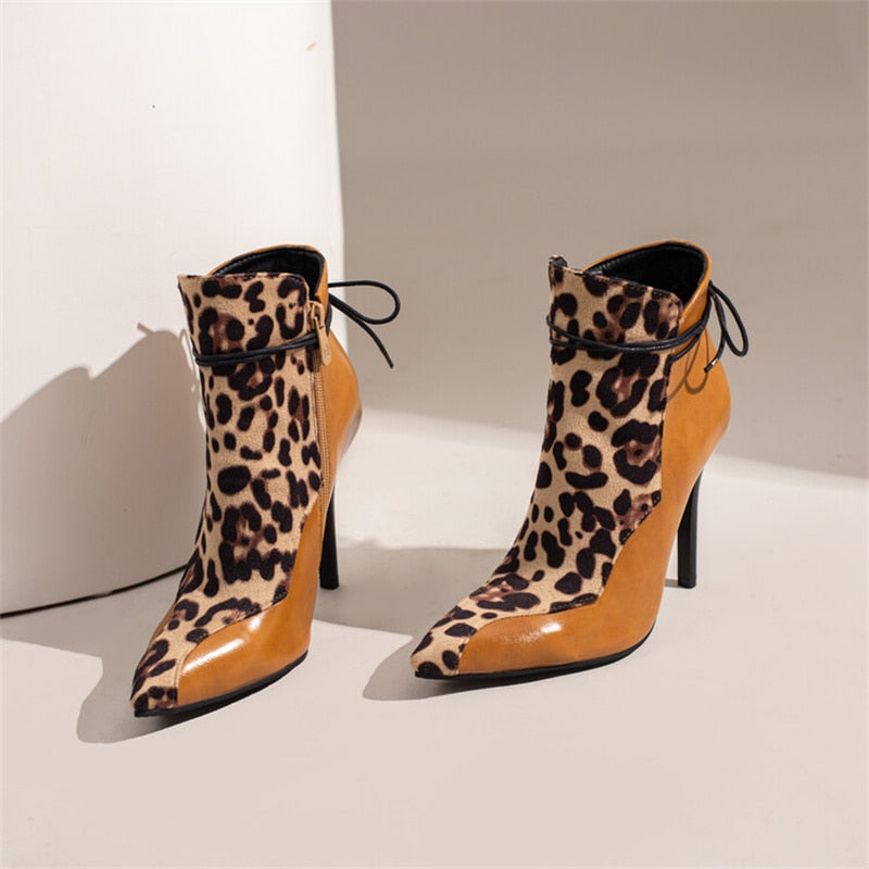 Ankle High Heels Pointed Toe Mixed Color Zipper Boots