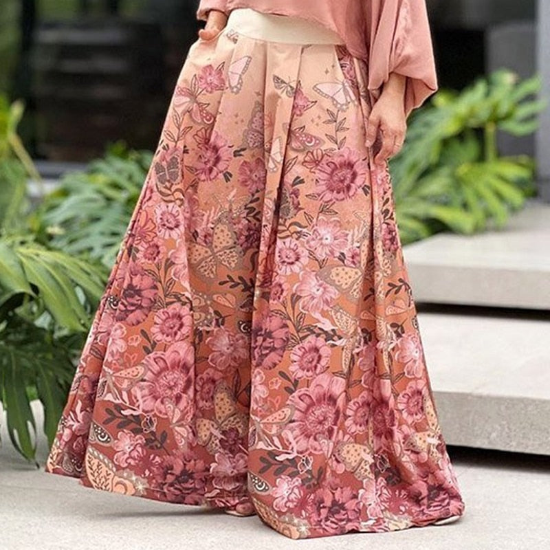 Two Piece Set Crew Neck Long Sleeve Top & Loose Printing With Pockets Wide Legs Pants Sets
