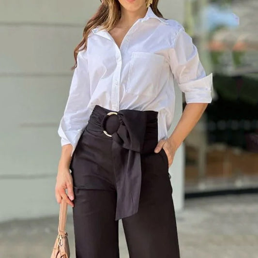 Two Piece Casual Lapel Long Sleeve Solid With Pockets Blouse & Loose Bow Pants Set