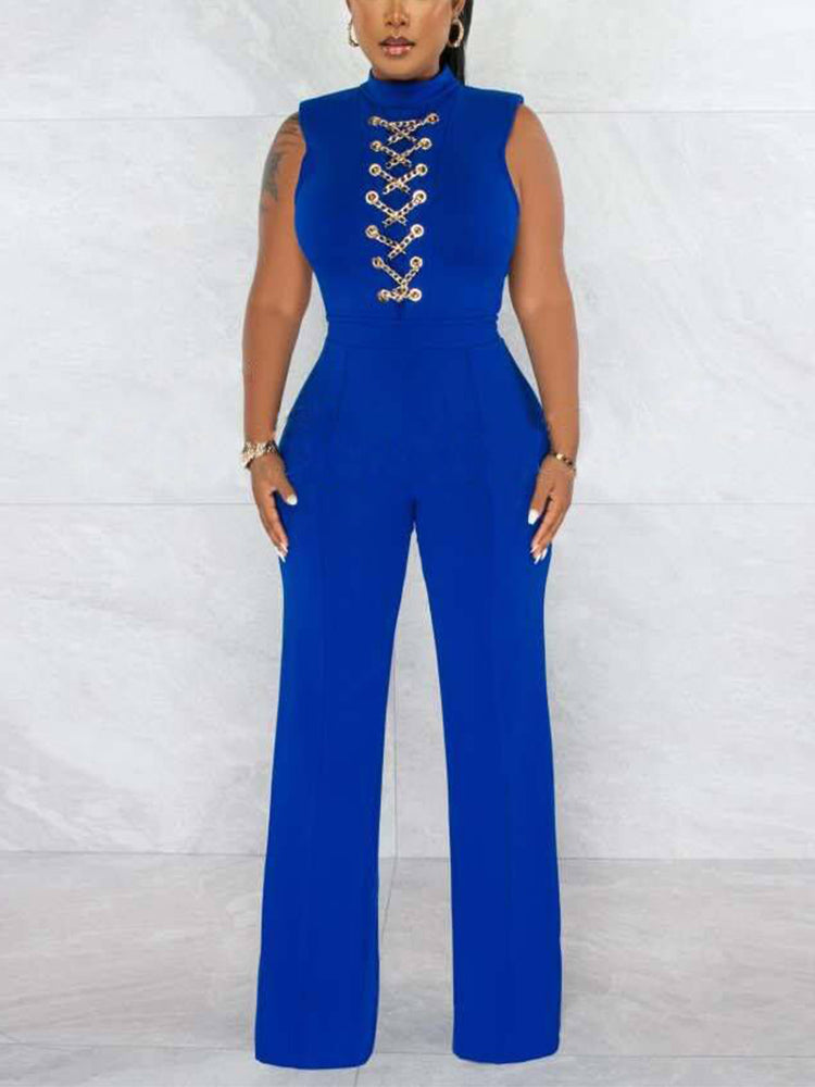 Sleeveless Casual Chain Lace Up Jumpsuit