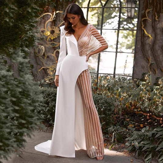 Tulle Long Sleeve Overalls V Neck Sweep Irregular Open Back Jumpsuit