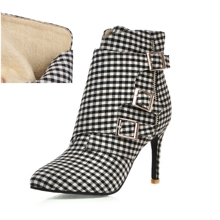 Cloth Plaid Ankle Zip Buckle Stiletto High Heel Boots