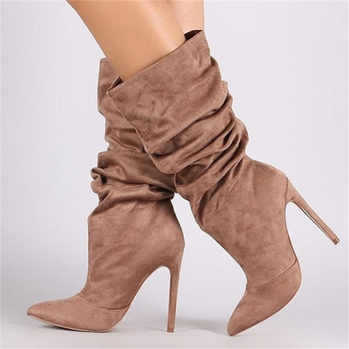 Mid Calf Pleated Pointed Toe Thin High Heel Boots