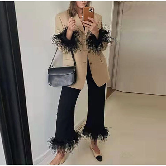 Feather Trim Two Piece Long Sleeve Top And Straight Pants Suits