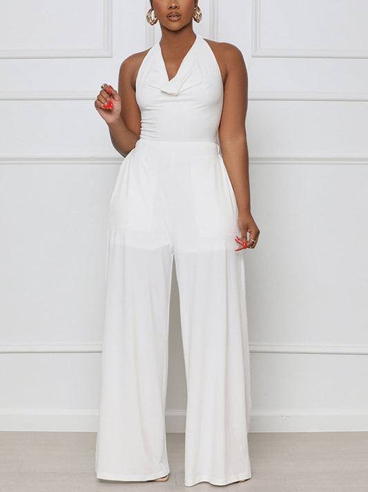 Halter V Neck Backless Wide Leg Jumpsuit