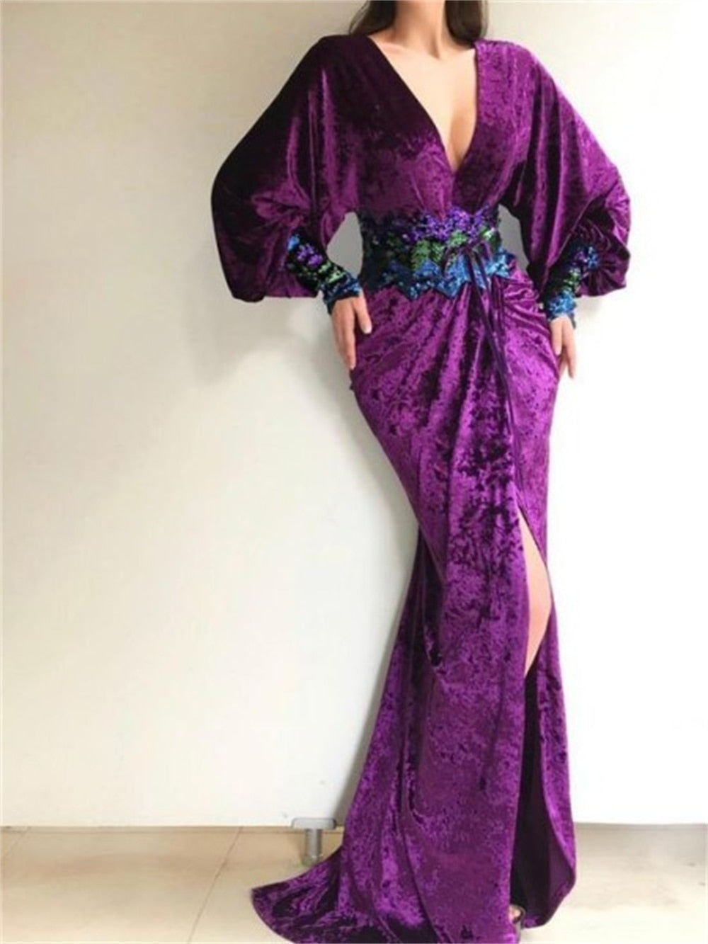 Velvet Sequin Tunic Cuff V-Neck Split Hem Dress