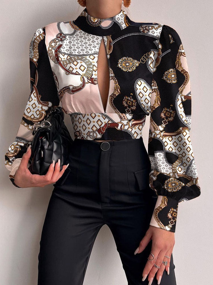 Backless Hollow Print Long Sleeve Blouse