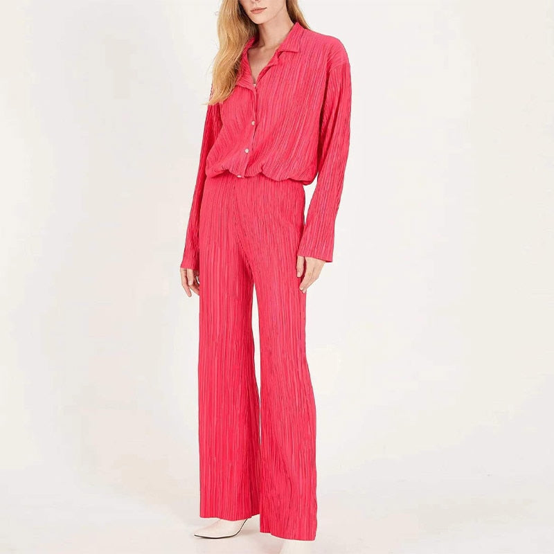 Lapel Jacket And Wide Leg Trousers Set