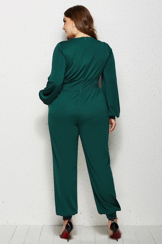 Elegant Lantern Sleeve V-neck Ruched High Waist Jumpsuit