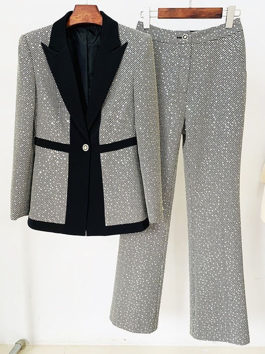 Color Block Sequined Blazer Pants Suit