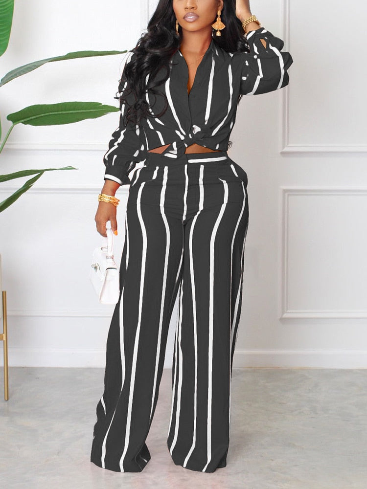 Two Piece Striped Shirt Long Sleeve Tie Up Blouse And Loose Pants Set