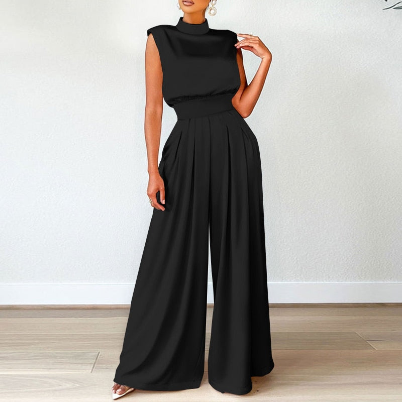 High Waist Satin Wideleg Jumpsuits