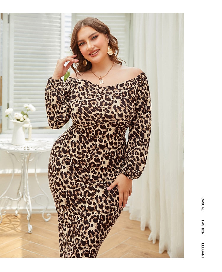 Leopard Print Slash Neck Stylish Long Lantern Sleeve Dress