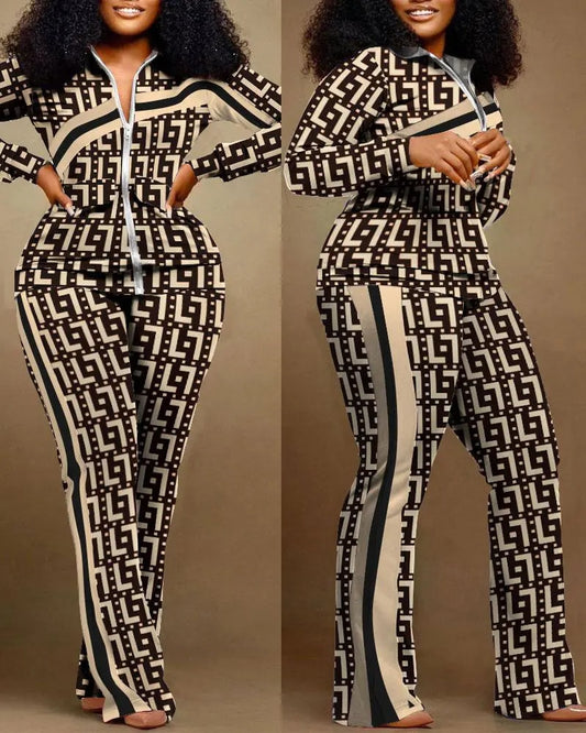 Print Two Piece Sport Style Zipper Top And Sweatpants Set