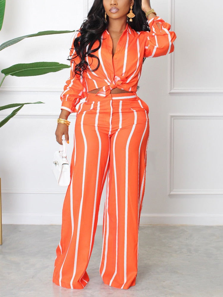 Two Piece Striped Shirt Long Sleeve Tie Up Blouse And Loose Pants Set