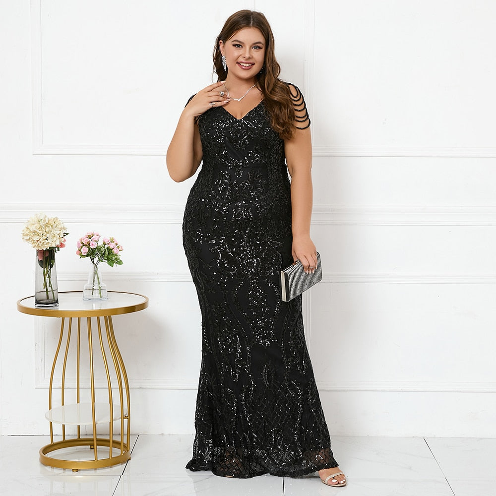 V-Neck Sequin Elegant V Neck Beading Maxi Dress