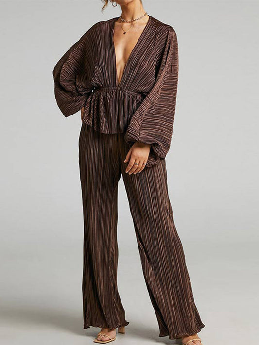 Deep V-Neck Pleated Loose Pant Sets