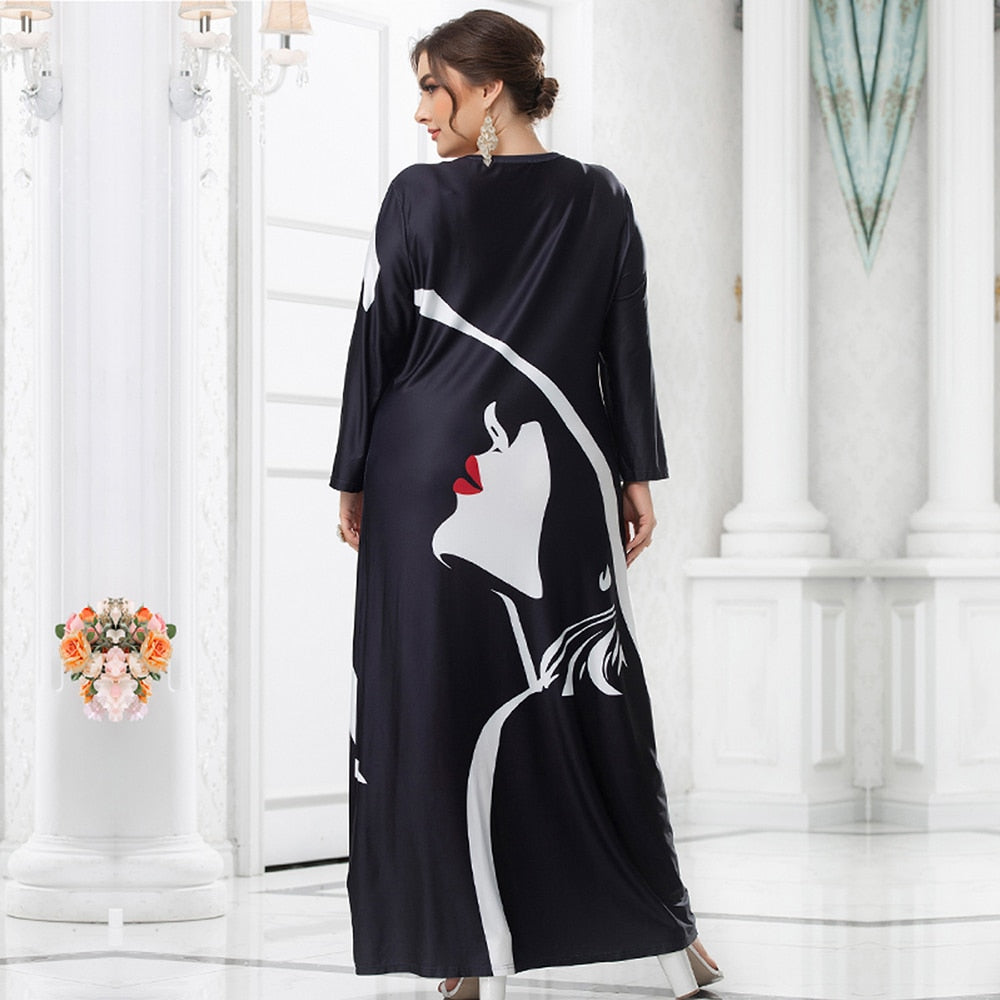 Graphic Print O-Neck Long Sleeve Maxi Dress