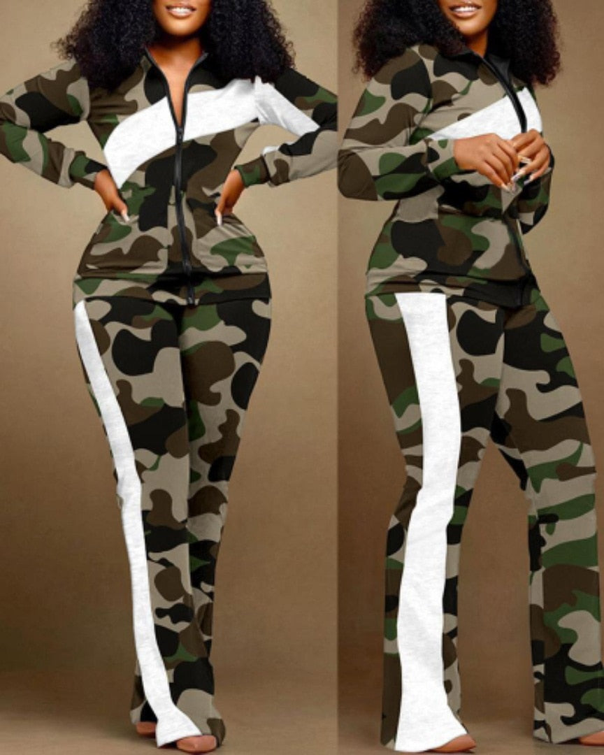 Print Two Piece Sport Style Zipper Top And Sweatpants Set