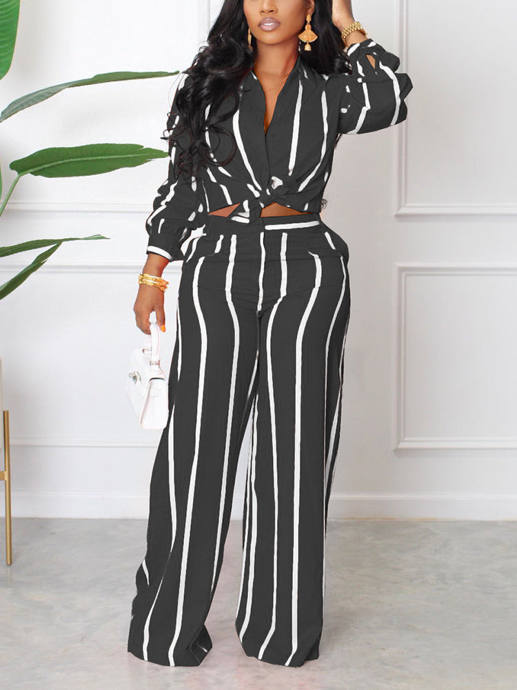 Two Piece Striped Shirt Long Sleeve Tie Up Blouse And Loose Pants Set