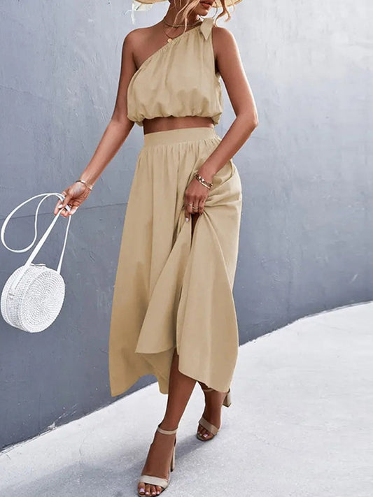 Casual Off-the-shoulder Short Top & Split Skirt Two-piece Set