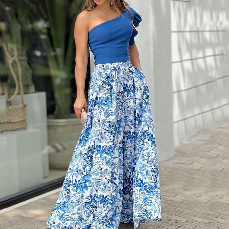 One Shoulder 2 Piece Casual Ruffles Sleeve Top & Print Wide Leg Pants Sets