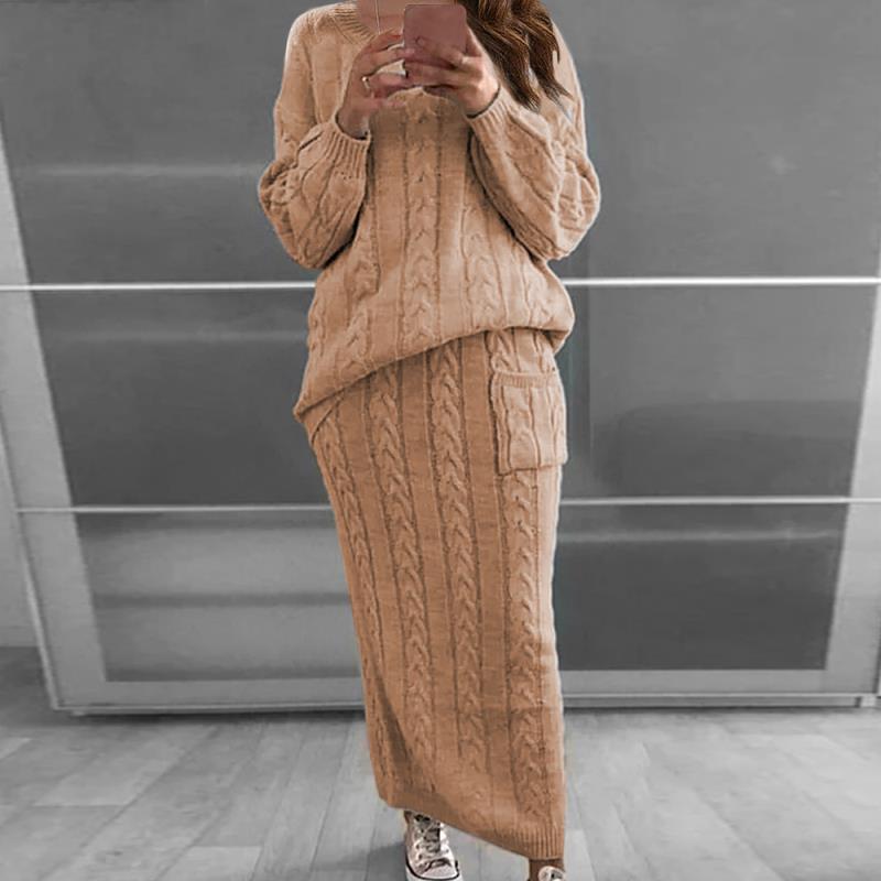 Knitted O Neck Long Sleeve Top And Straight Sweater Skirt Set