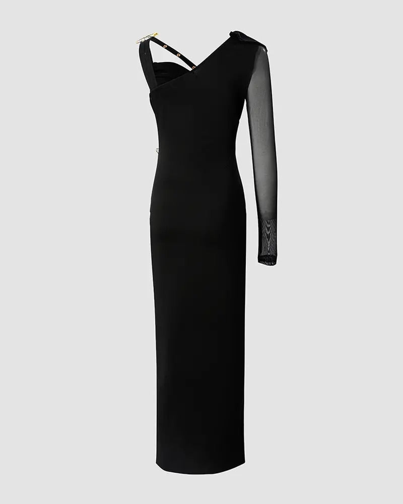 Asymmetrical Pin High Slit Long Sleeve Cutout Bodycon Dress