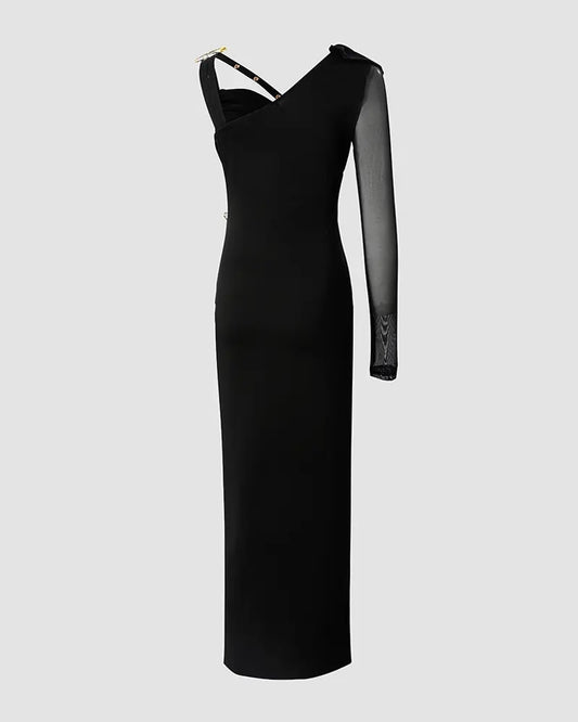 Asymmetrical Pin High Slit Long Sleeve Cutout Bodycon Dress
