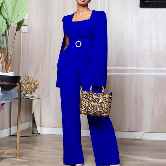 Elegant Beaded Fly Sleeve High Waisted Jumpsuit