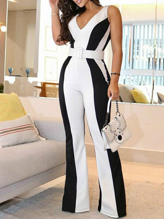 Colorblock Bootcut V Neck Jumpsuit (Without Belt)