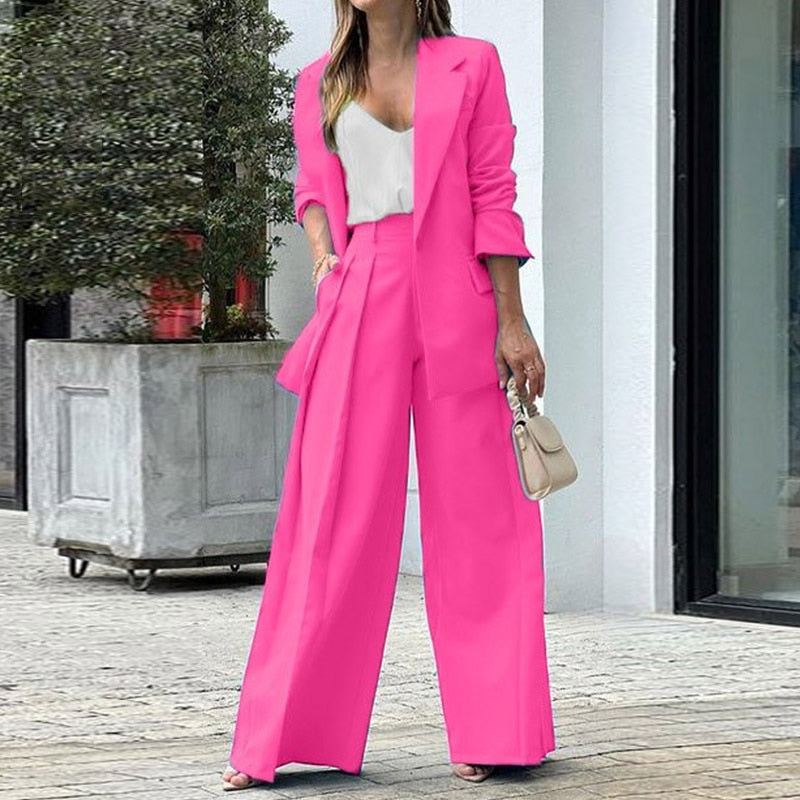 Casual Lapel Solid Long Sleeve Blazer With Pockets And Wide Leg Pants Set