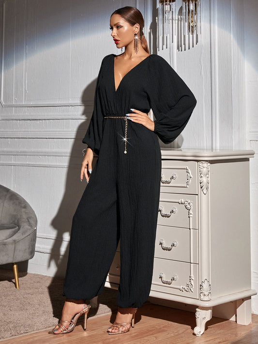 Deep V-neck Loose Casual Long Sleeve Slim Jumpsuit