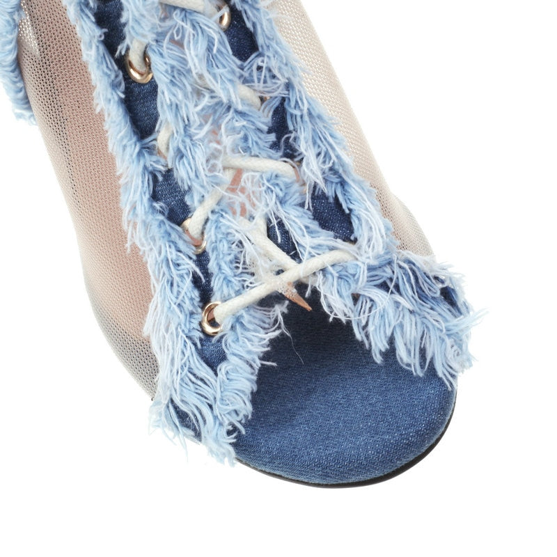 Brushed Fringes Denim Jeans Lace-up Peep Toe Thin High Heels Blue Stiletto Sandals