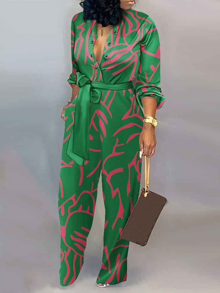 Autumn Abstract Print Belted Jumpsuit