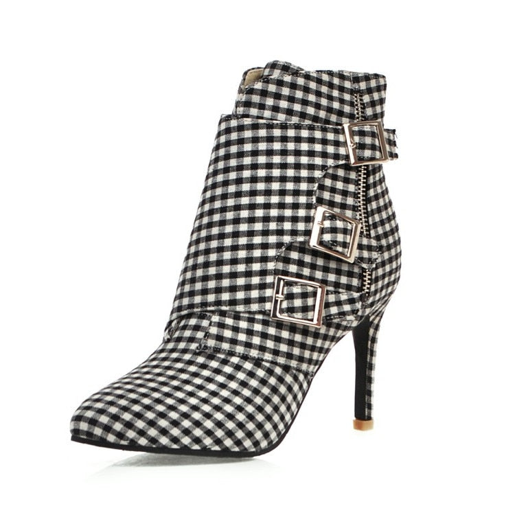Cloth Plaid Ankle Zip Buckle Stiletto High Heel Boots