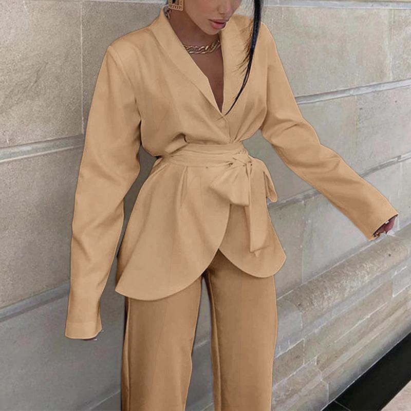 Long Sleeve Top and Two Piece Casual Belted Suit Pant Sets