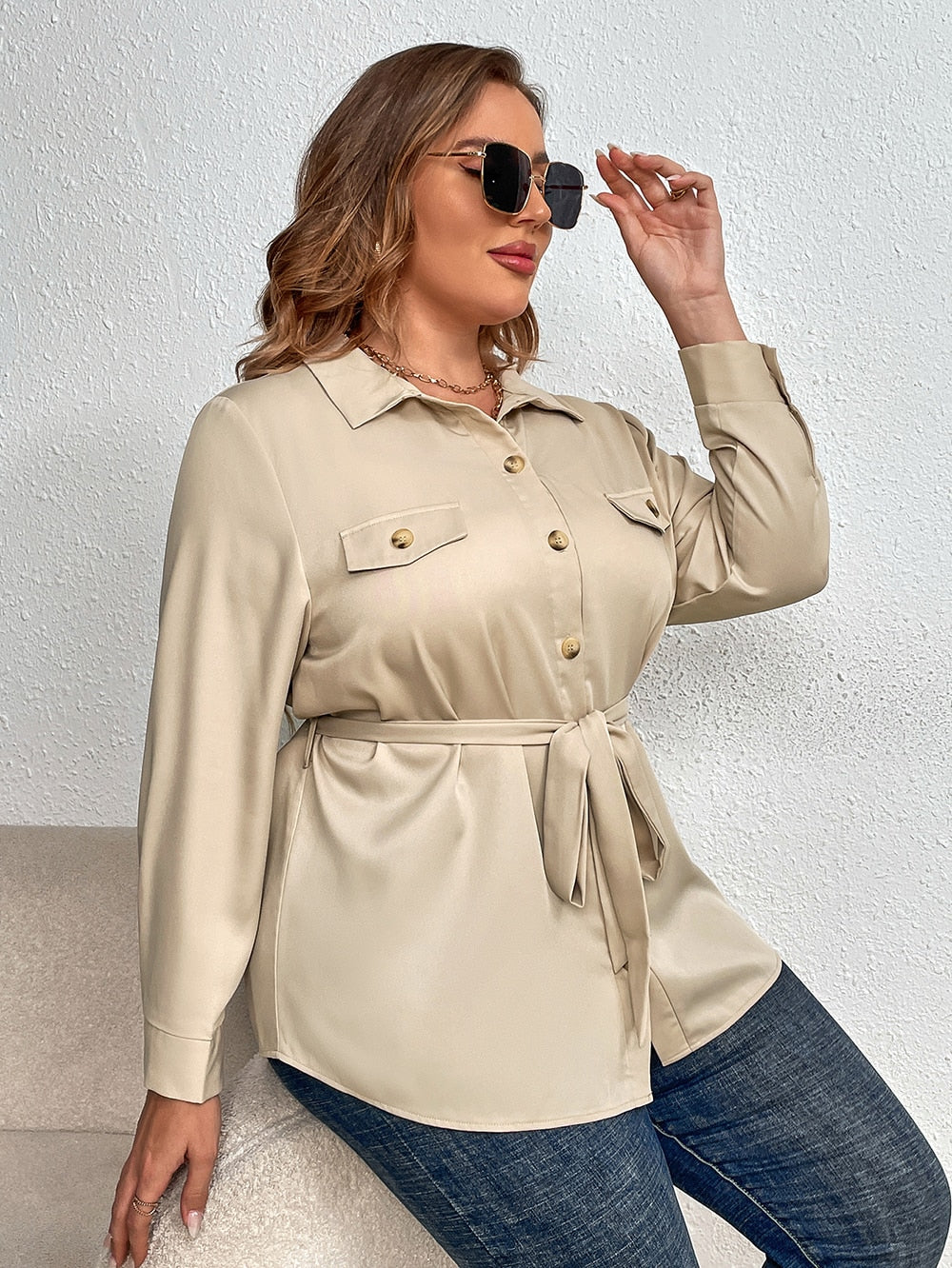 Solid Button Front Belted Autumn Long Sleeve Tunic Tops